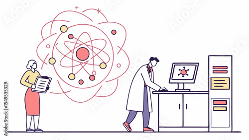 Scientists Researching Atomic Structure and Virus on Computer.