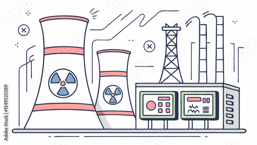 Illustrated Nuclear Power Plant with Cooling Towers and Structures.