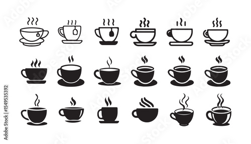 Ceramic Cup Flat Icons Bundle, Simple Tea Cup Icons, Hot cup beverage vector icon set.  coffee cups icons. vector illustration eps 10.