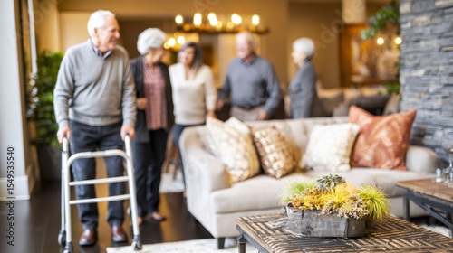 Elderly male carefully walking with mobility aid through retirement home common room, connecting with fellow residents during relaxed social gathering