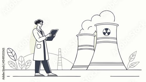 Scientist Inspecting Nuclear Power Plant with Cooling Towers and Smoke.