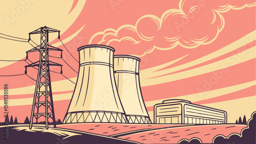 Stylized Nuclear Power Plant with Transmission Tower and Clouds.