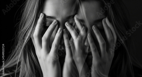 Close-up monochrome image of hands covering face, showcasing texture and emotion, representing vulnerability, anxiety, or stress, suitable for mental health awareness