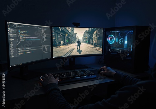 Game developer or programmer working and gaming on a powerful multi-monitor PC setup in a dark room. Concept of coding, game development, and esports.