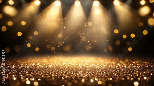 A glittering gold stage illuminated by warm spotlights, creating a festive and glamorous atmosphere with sparkling bokeh lights in the background.