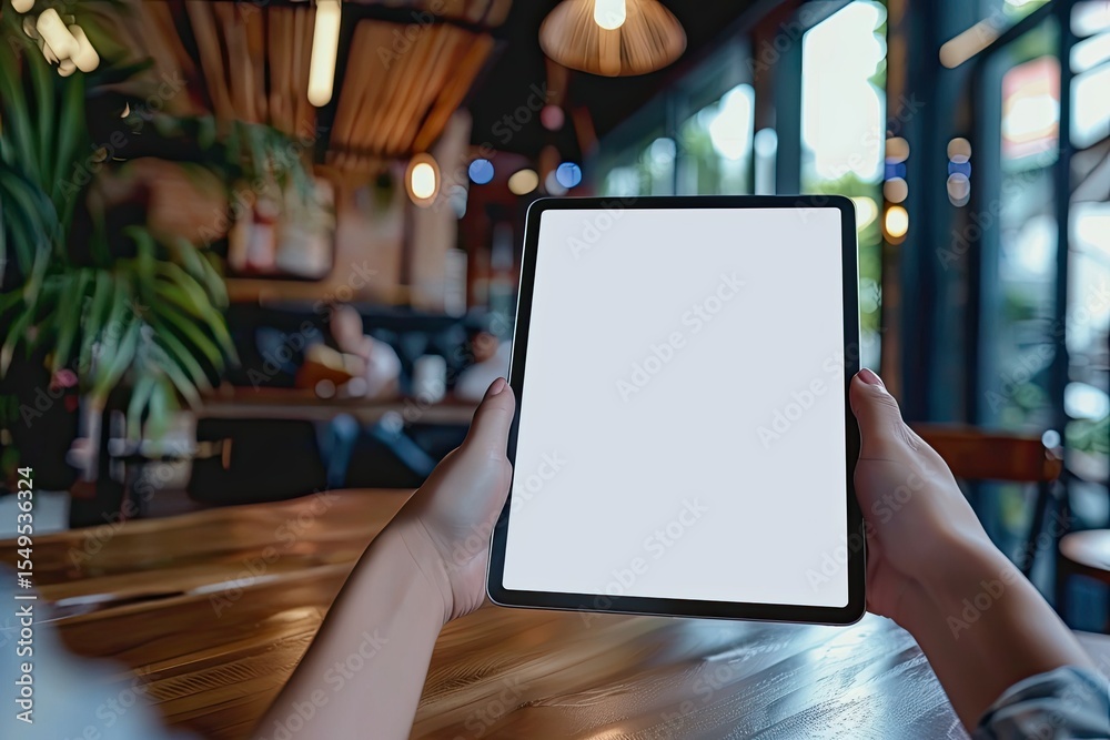 Closeup of Woman Hand Holding Digital Tablet on the Table and the Screen is Blank Closeup of Woman Hand Holding Digital Tablet on the Table and the Screen is Blank