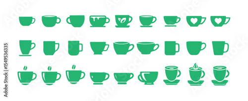 Coffee cup icons in black on a white background. Set of different tea cup icons. Simple coffee or tea signs, vector illustration eps 10.