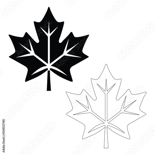 Black and White Maple Leaf Icons Simple Line Art Graphic Design Element leaves