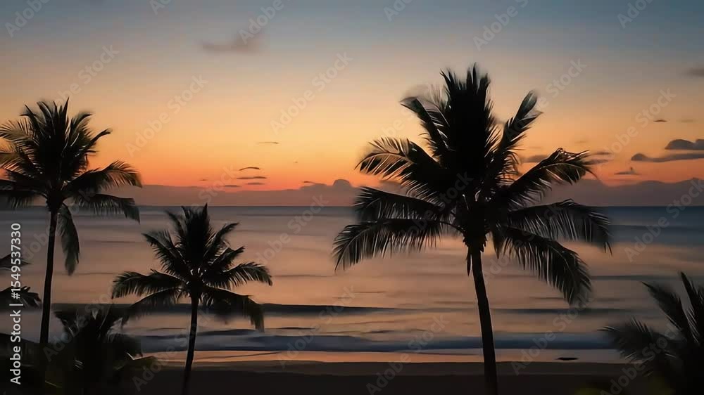 Tropical beach scene at sunset with silhouette of palm trees Tropical beach scene at sunset with silhouette of palm trees