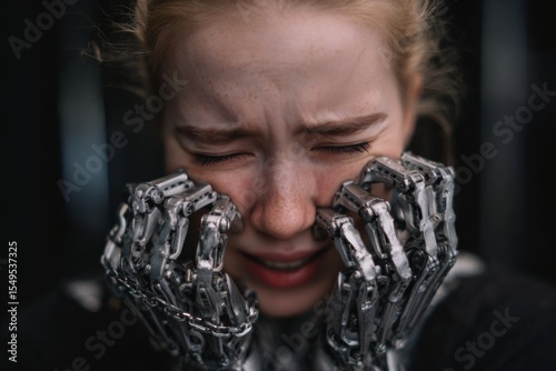 A woman cries as she shows her mechanical hands symbolizing emotional repression and internal transformation.