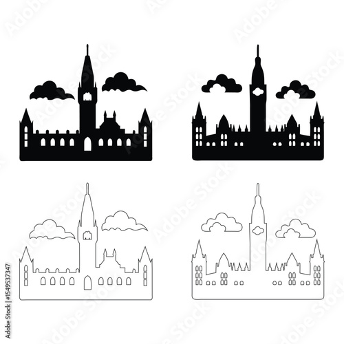 Black and White Parliament Building Silhouettes and Line Art Illustrations vector
