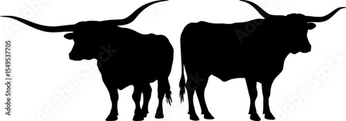 Texas longhorn cattle pair silhouettes with distinctive long horns black ranch livestock figures for western agricultural design elements