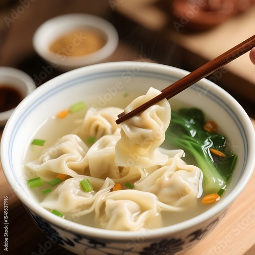4k high quality Ai generative HD art photo realistic store business menu sell street food hot dish cuisine healthy dumpling wonton kuah pangsit panas ayam chicken shrimp vegetable chinese chopstick