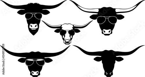 Longhorn cattle head collection with various horn shapes and sizes black bull cow face silhouettes for western ranch agricultural design elements