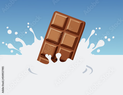 Stylised confection bar plunges through silky dairy pool droplets spraying outward vivid yet smooth illustration uses soft shading wide blank area invites headline