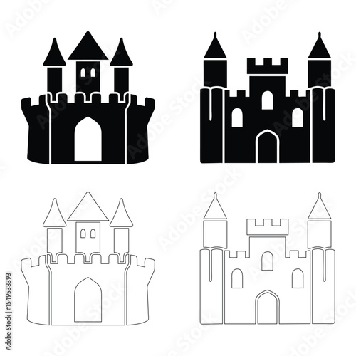Four Castle Icons Black Solid Line Art Illustrations Set white