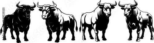 Bull lineup silhouettes with horns standing in row black cattle livestock figures for western ranch agricultural design elements collection