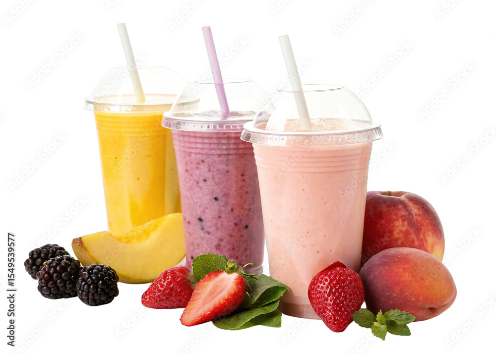 Three colorful fruit smoothies in plastic cups with dome lids and straws isolated on transparent background Three colorful fruit smoothies in plastic cups with dome lids and straws isolated on transparent background