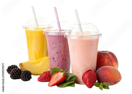 Three colorful fruit smoothies in plastic cups with dome lids and straws isolated on transparent background