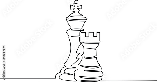 Continuous one line drawing rook and king chess logo. Set of emblems and signs for chess sport tournament. Successful challenge isolated. Modern continuous line draw design graphic vector illustration
