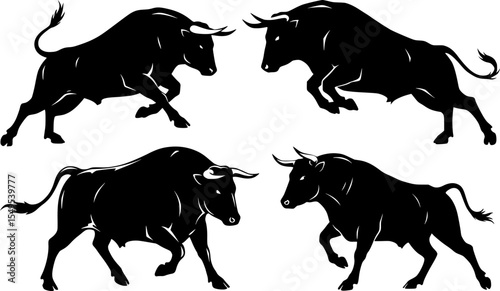 Dynamic bull silhouettes in charging and running poses black powerful cattle figures with horns for western ranch agricultural design elements collection