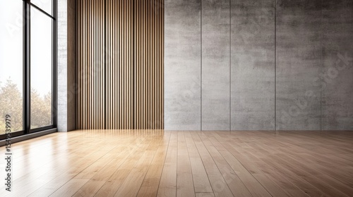 A spacious, modern empty room features large floor-to-ceiling windows, wooden floors, a textured concrete wall, and a decorative vertical slatted wood panel.