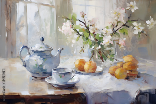 A serene still life painting featuring a teapot, teacup, and blossoming flowers.