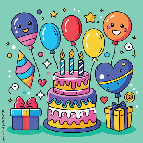 Colorful vector set of birthday party elements with cake, balloons, gifts, and candles perfect for celebration and invitation card design