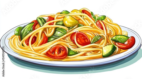 A plate of pasta primavera: Illustrate the vibrant mix of fresh vegetables and al dente pasta, tossed in a light sauce.