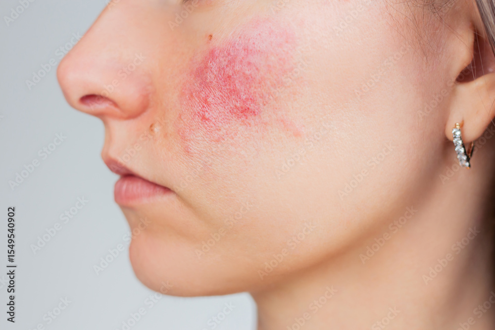 Ταπετσαρία Young Caucasian woman suffering from rosacea on her face in the acute stage