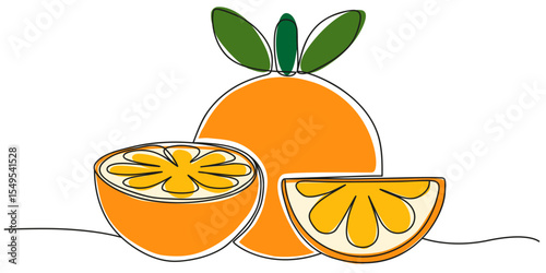 Stylized orange fruit with slices drawn in one line minimal style. Bright citrus illustration perfect for summer, healthy food, packaging, or organic product design.