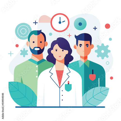 A group of medical doctors and nurses symbolizes health and technology in a modern hospital clinic