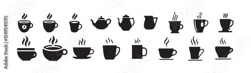 Hot Coffee Mugs, White and Black, Simple Design, Beverage Icons, Tea and coffee cup icon bundle set. cup a coffee icon vector illustration eps 10.