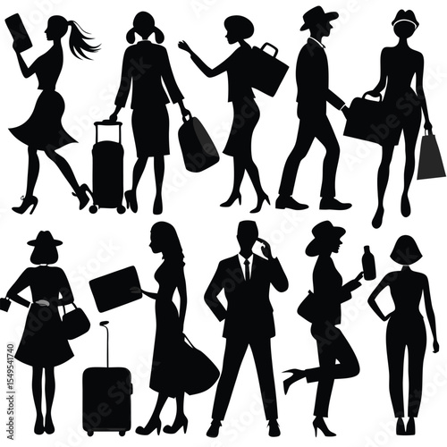 Elegant vector silhouettes of women and girls walking with shopping bags, illustrating fashion and style