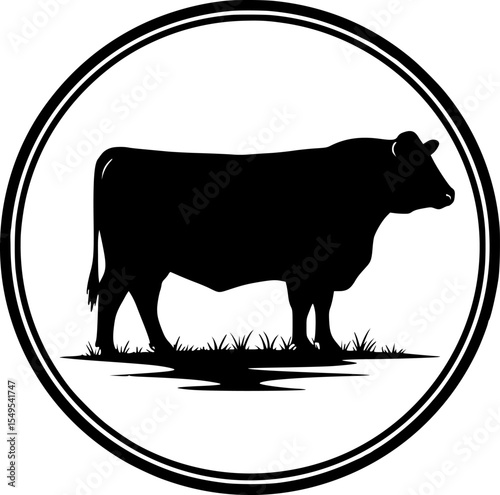 Cow silhouette in circular frame with grass ground black cattle logo design farm livestock emblem for agricultural design elements