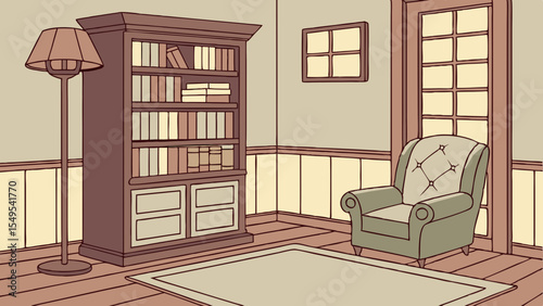 Cozy Corner: A serene illustration depicts a quaint reading nook. Featuring a bookcase filled with stories, an inviting armchair, a warm lamp, a door to the outside world.