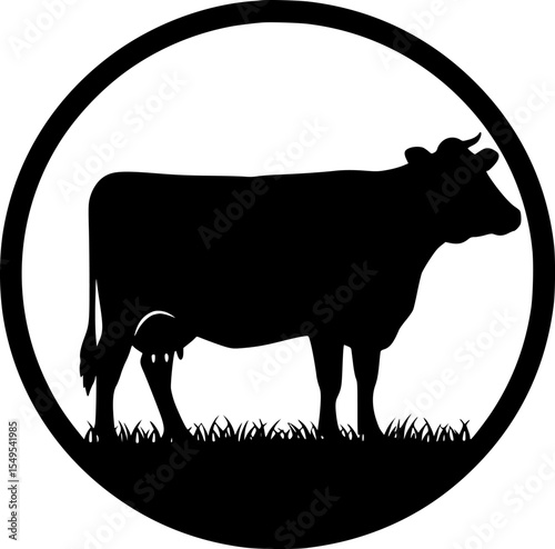 Single cow silhouette in round frame with grass base black cattle logo design for agricultural elements
