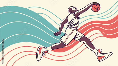 Stylized basketball player in midair with ball retro design.