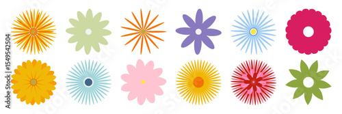 Set of colorful abstract flower icons collection in flat vector style. Botanical summer plant shapes clipart perfect for use in mobile UI design, educational materials blog or decorative elements.