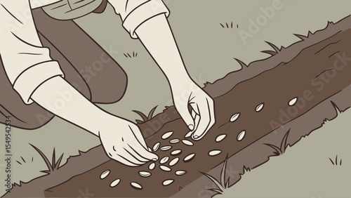 Cartoon illustration of a person planting seeds in a furrow.