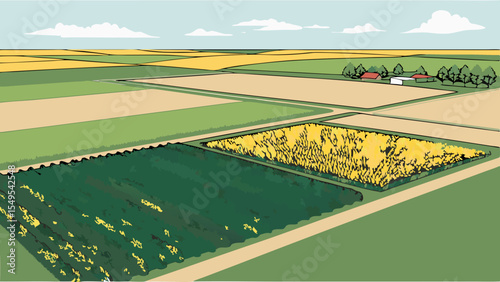 Colorful Agricultural Fields and Farm Buildings.