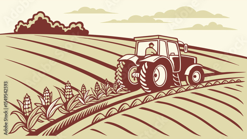 Tractor Plowing a Field with Crops in a Vintage Illustration.