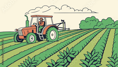 Farmer driving tractor in field with crops and clouds illustration.