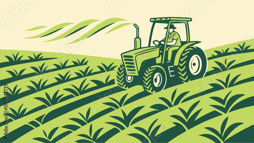 Green Tractor Driving Through a Field of Crops with Farmer.