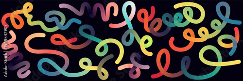 Colorful abstract lines isolated on dark background. Vector illustration of dynamic and vibrant wavy curve shapes. Ideal use for backgrounds, posters, card and digital fluid motion designs.
