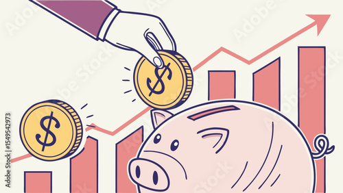 Hand Placing Coin in Piggy Bank Showing Financial Growth.