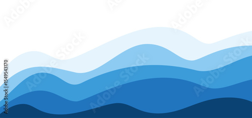 Blue layered ocean or sea waves with various shades effect. Vector water art background for sale banners or summer promotional with smooth flowing wave clip pattern. Ideal for beach designs template.