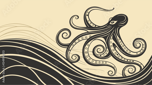 Stylized Black Octopus with Swirling Tentacles and Decorative Elements.