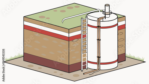 Isometric Illustration of Underground Tank and Soil Layers.
