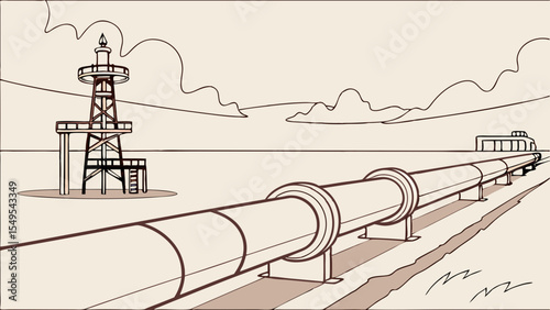 Illustration of Oil Rig and Pipeline Transporting Resources.